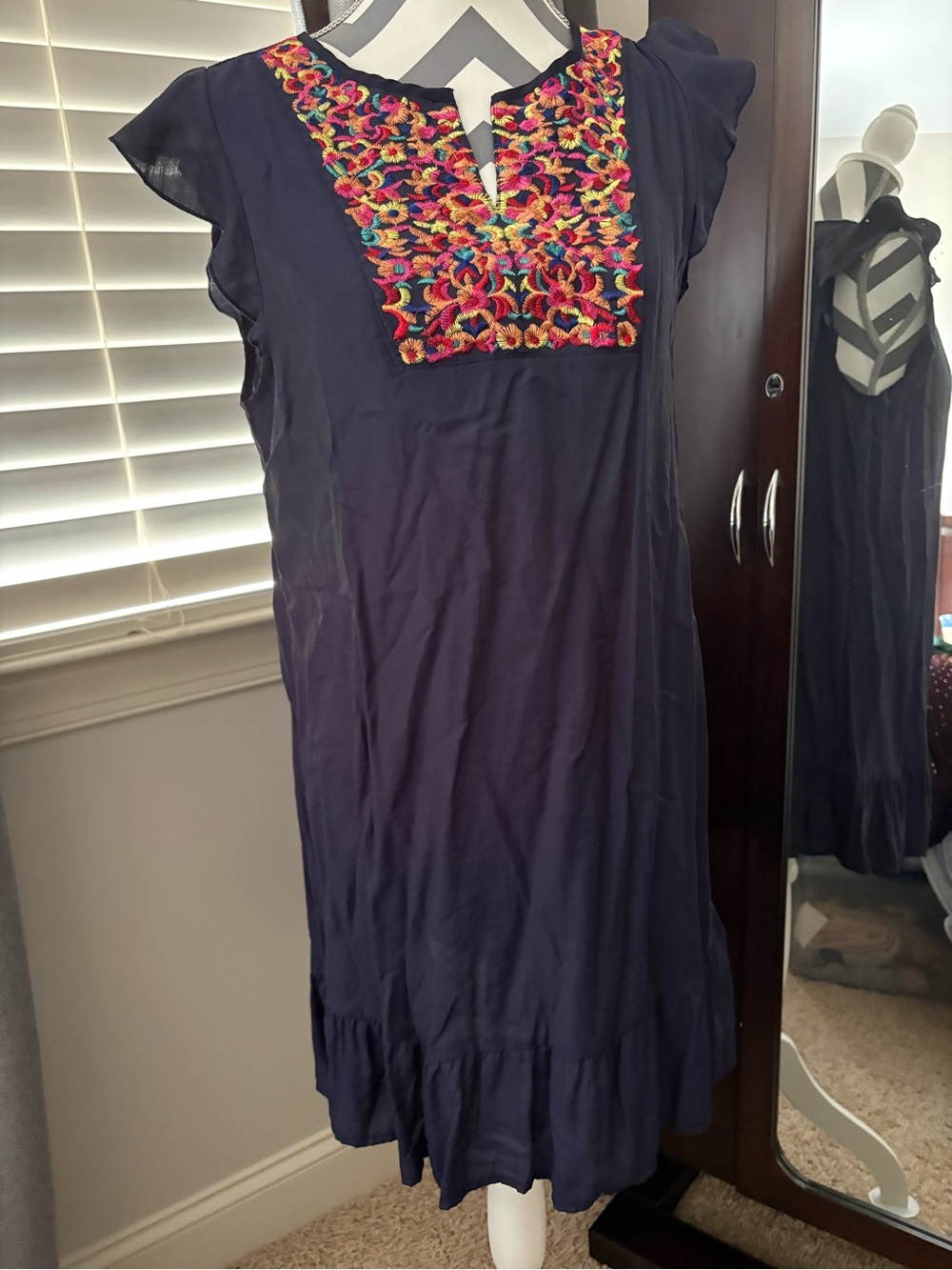 Lioness Navy Blue Mini Dress with Multicolor Embroidered Yoke